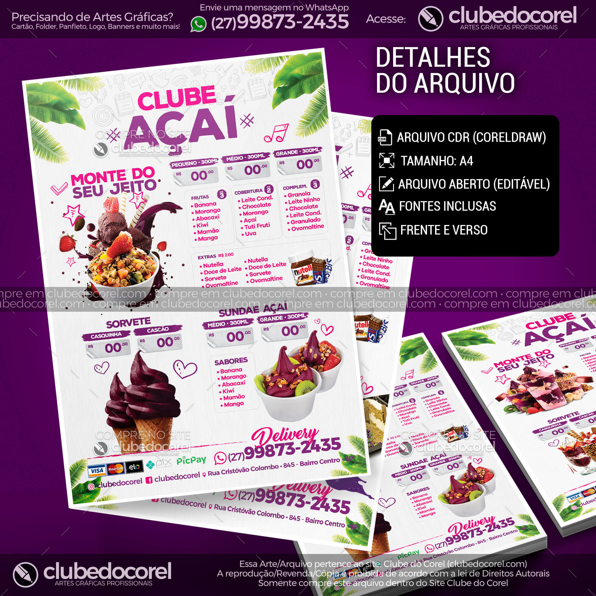 Cardápio de Açaí - Modelo p/ Editar [CDR e PDF] #01