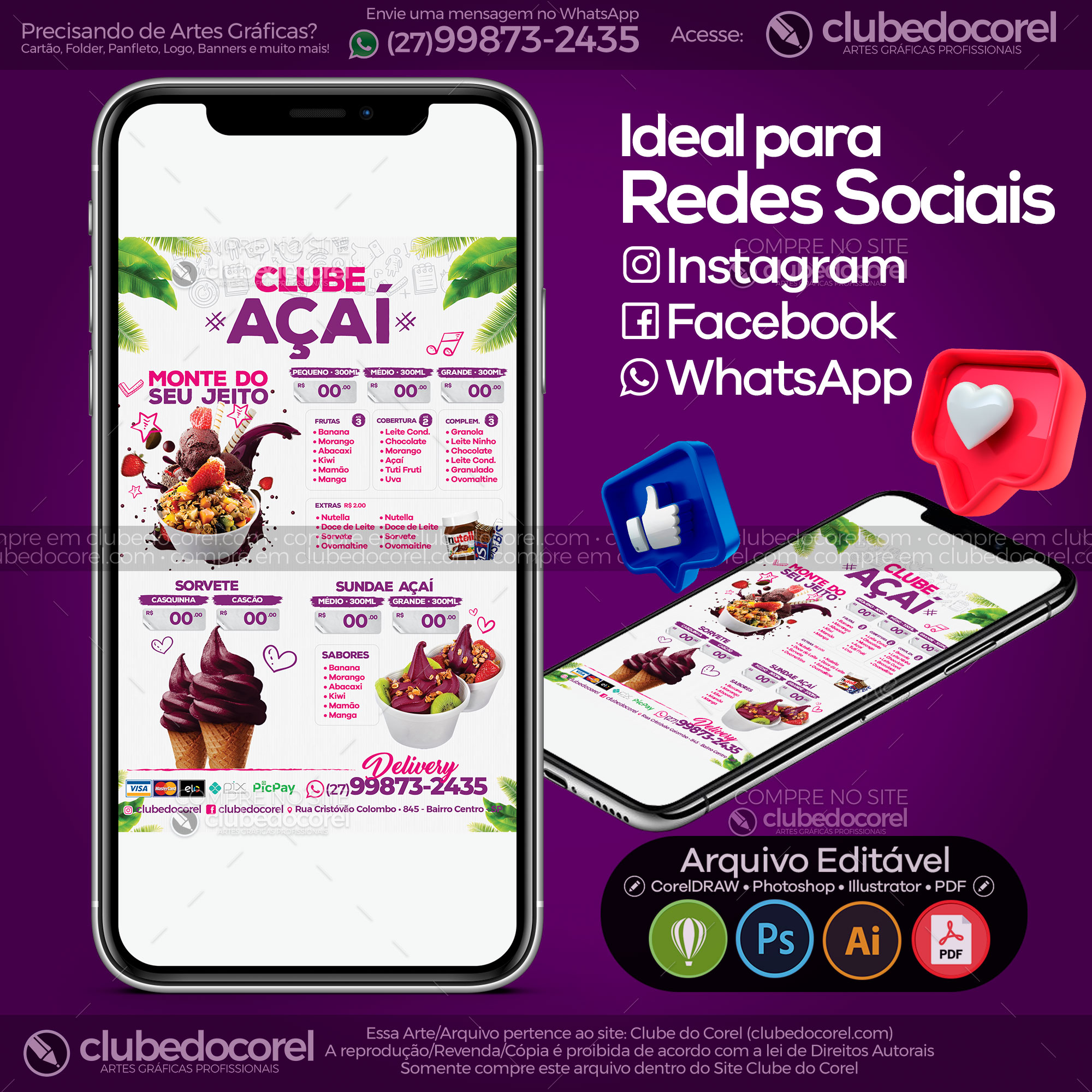 Cardápio de Açaí - Modelo p/ Editar [CDR e PDF] #01