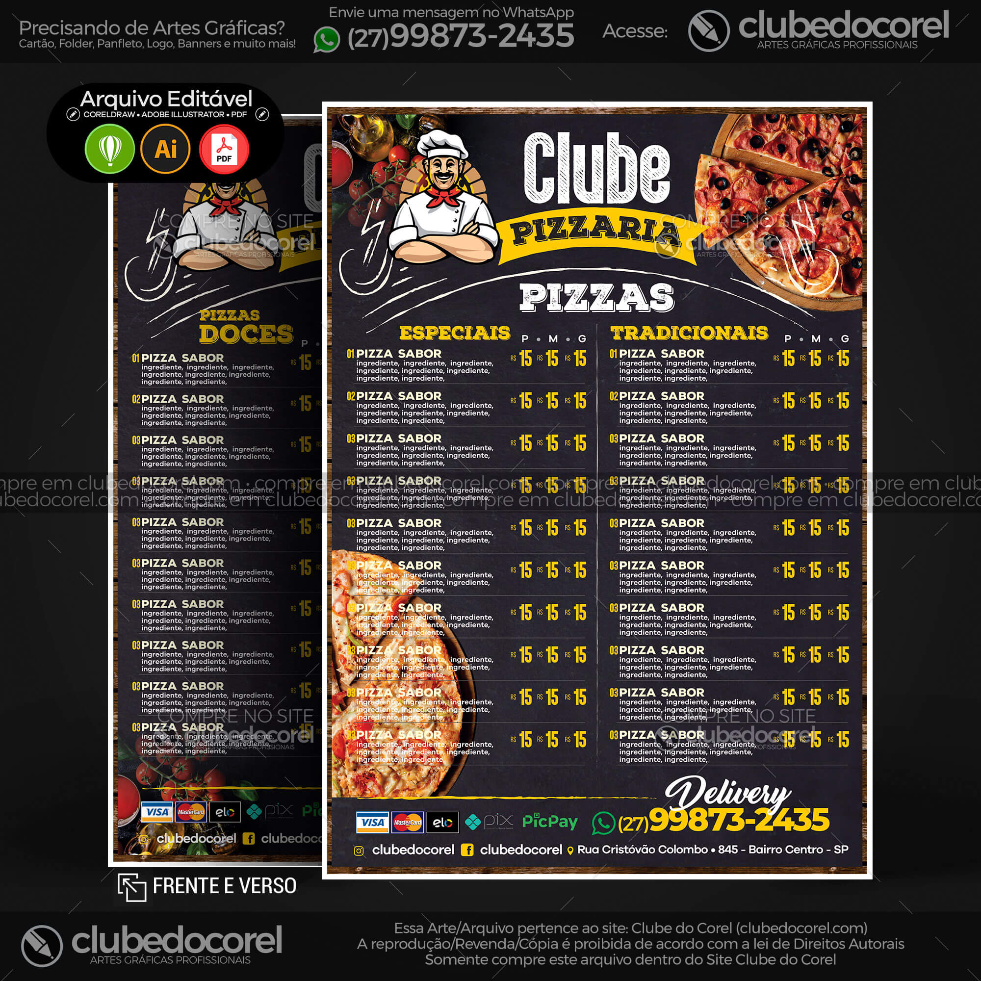 Cardápio Pizzaria - Pizza e Hamburguer (Lanche) - Modelo pronto Editável #01 [CDR AI PDF]