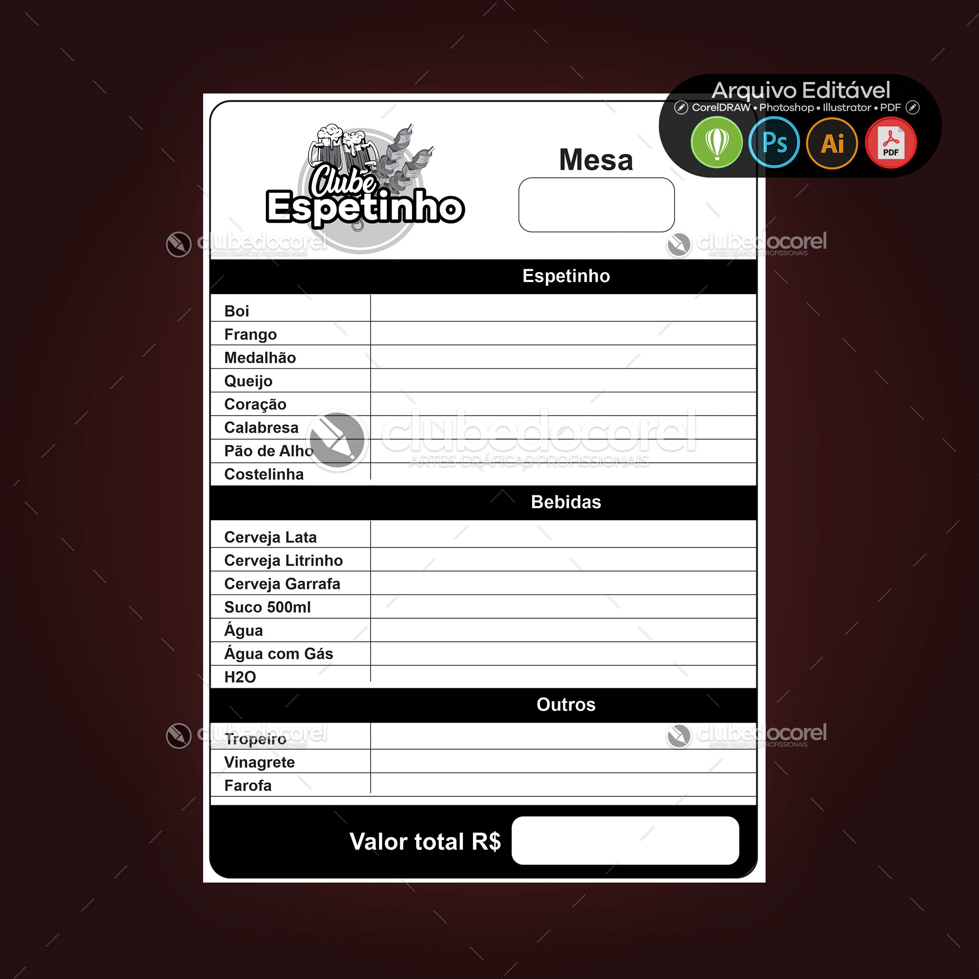 Arte Comanda - Espetinho Churrasquinho [CDR AI PSD PDF] Modelo Pronto Editável