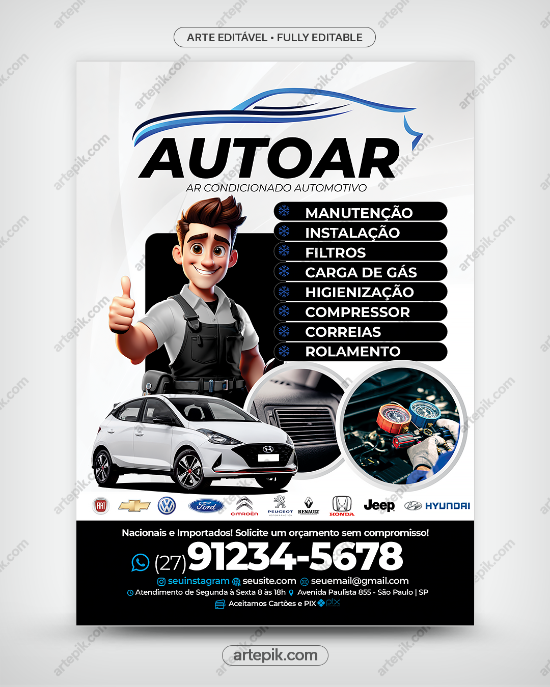 Panfleto de Ar Condicionado Automotivo - Modelo Editável Canva, CDR, PSD, AI